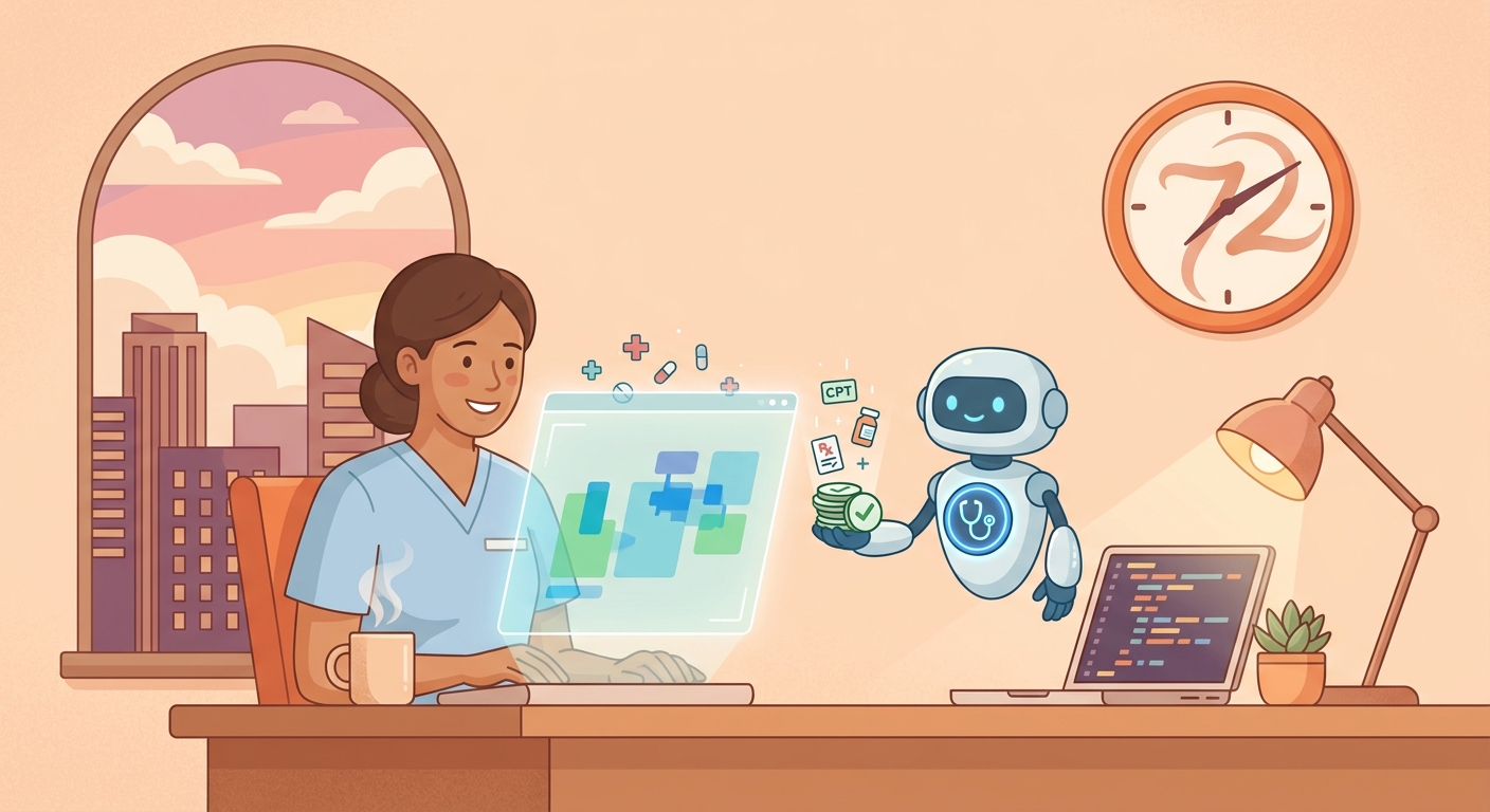 Illustration of a utilization-management nurse at a desk receiving neatly-organized validated tokens from a small friendly AI agent avatar, with arched city window behind and a stylized clock on the wall