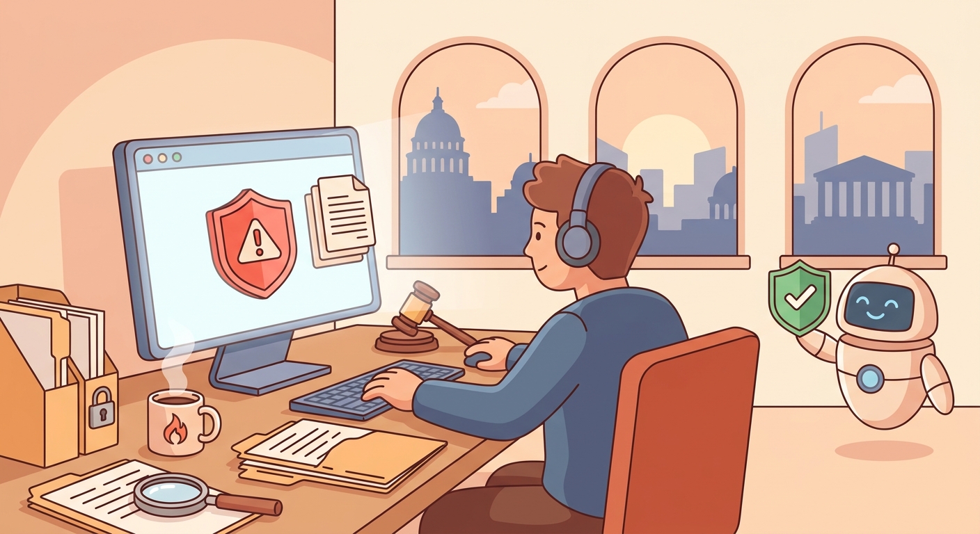 Developer reviewing compliance alerts on screen with government buildings visible through arched windows