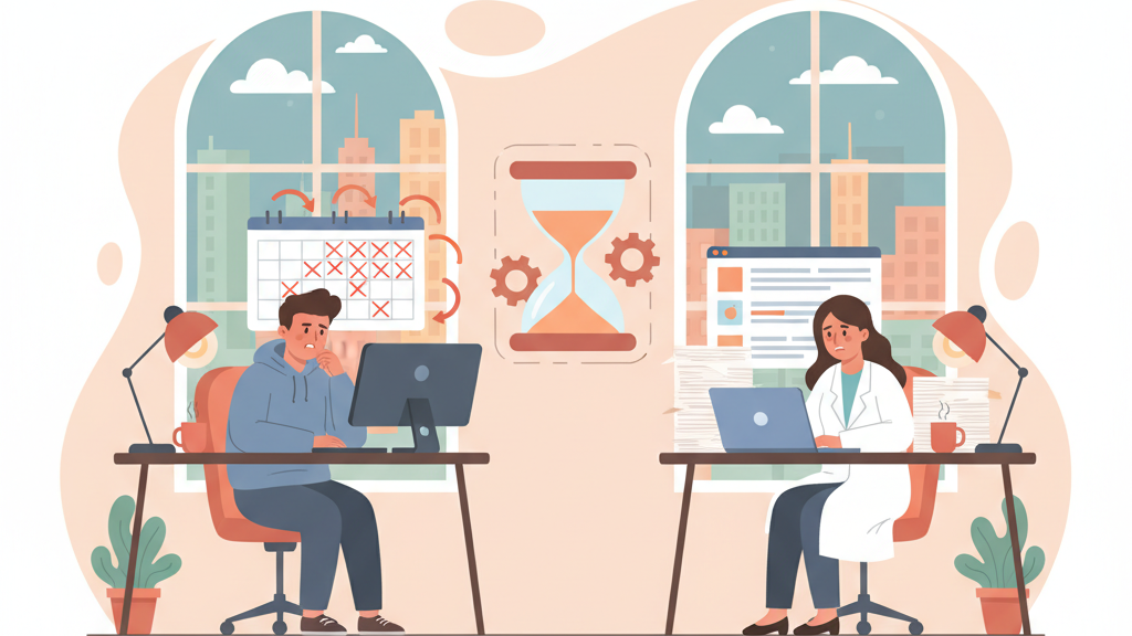 Frustrated developer and healthcare administrator watching deadlines slip